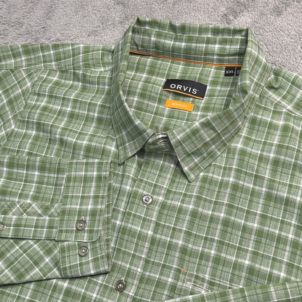 Orvis Mens XXL Green Plaid Active Fit Long Sleeve Button Down Performance Shirt